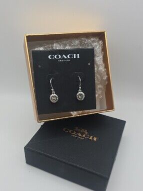Coach Silver-Tone Round Drop Earrings W/ Crystal Rhinestone Accent (NIB)🩶